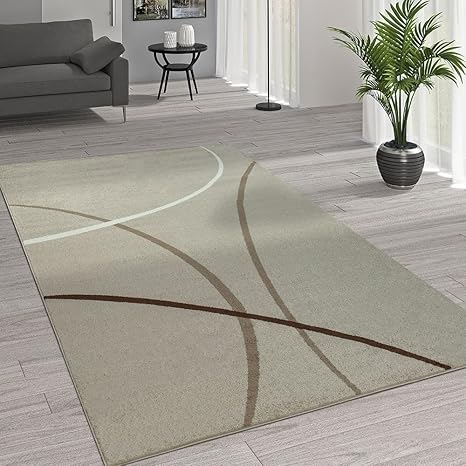 Paco Home Kurzflor Wohnzimmer Teppich Trendige Moderne Linien Muster In Beige Creme Braun, Grösse:70x140 cm