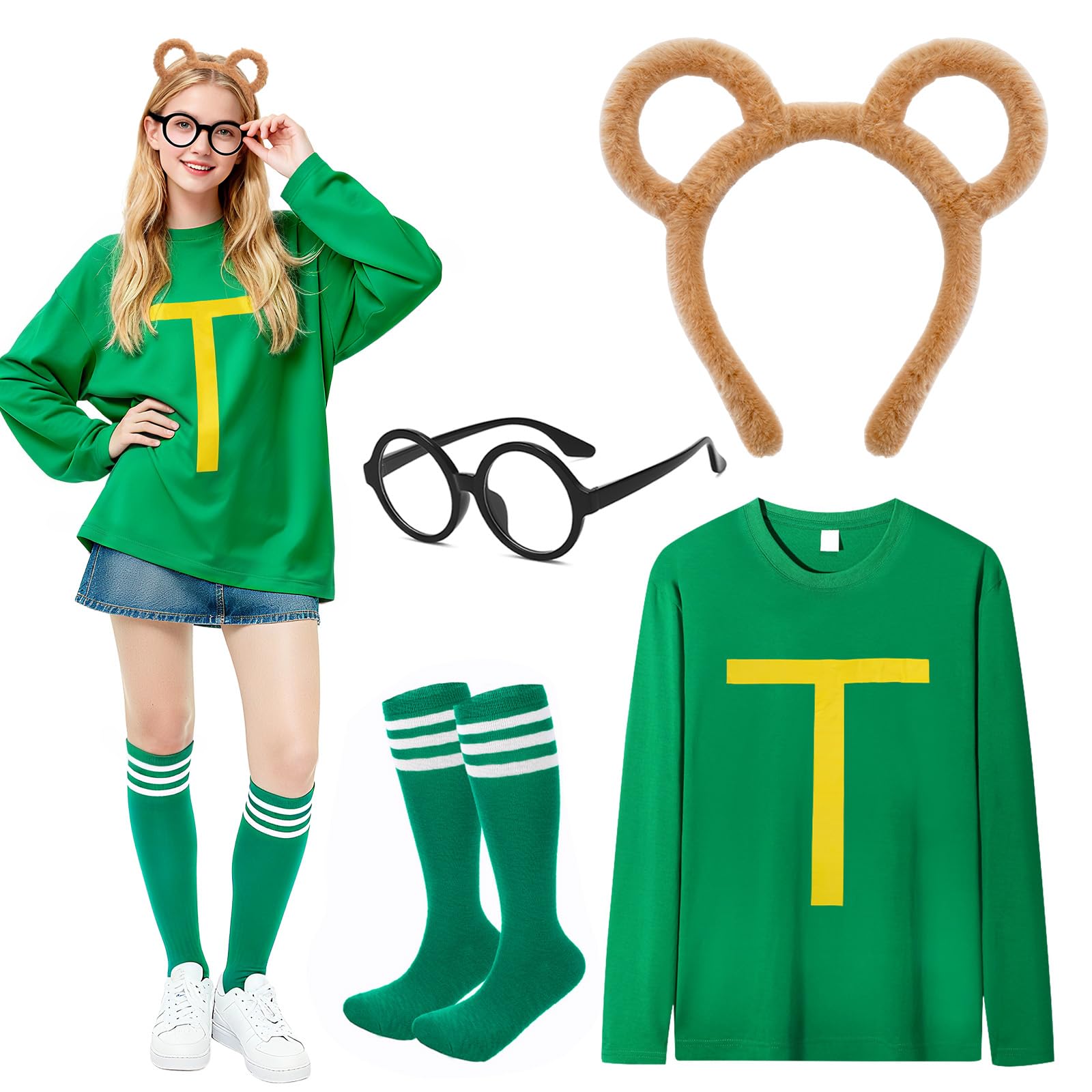Dazzroi 4Pcs Chipmunks Costume Set for Adults, Chipmunk Fancy Dress Outfit with Long Sleeve Top, Chipmunks Headband, Glasses, Soccer Socks for World Book Day, Halloween Cosplay, Animal Themed Party