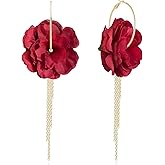 SLSF Bohemian Vacation Fabric Flower Gold Tassel Lightweight Clip Earrings Handmade Aesthetic Floral Rose Metal Fringe Summer Dangle Drop Earrings