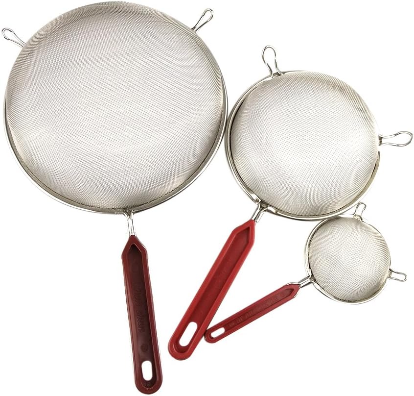 Up Quinoa Strainer | Durable 3 Pcs Stainless Steel Grain Strainer Fine Mesh with Heatproof Bakelite Handle | Dishwasher Safe | Drainer with Broad Hook Grip for Flour Rice Fruit Vegetable | 1314