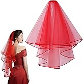 HOLLIHI Wedding Veil for Brides, 2 Tier Tulle Cathedral Bridal Veil with Comb for Women Wedding Bachelorette Party Halloween Costume, Red
