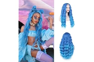 WECAN Blue Wig Long Natural Wavy Wig Synthetic Water Wave Blue Wig Halloween Cosplay Daily Party Heat-Resistant Fiber Wig