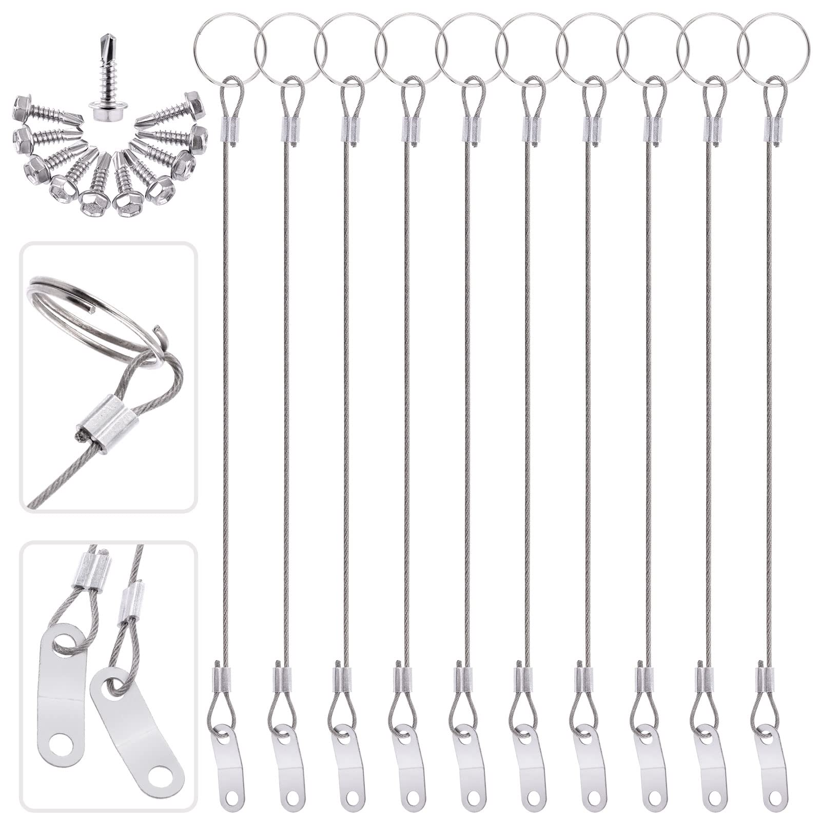 Glarks 20Pcs 11 Inches Lanyard Cable Set Including 10Pcs 304 Stainless Steel Safety Tether Wire with Quick Release Ring and Rubber Coating and 10Pcs Self Drilling Hex Head Screws for Car Boat Fastener