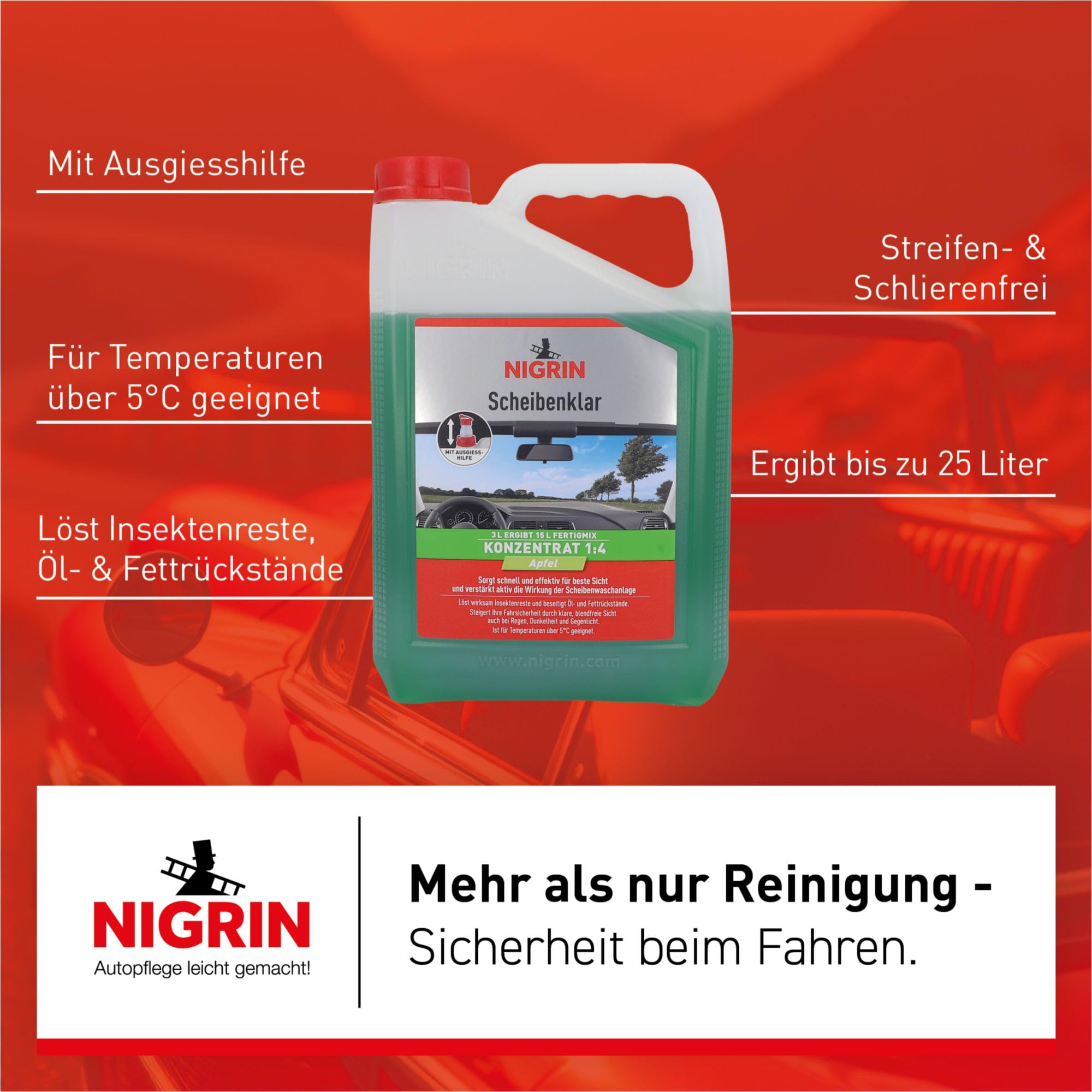 NIGRIN Scheibenklar Konzentrat 1:4 Apfel | 3 Liter | Reinigungszusatz für Autoscheiben und Scheinwerfer | integrierte Ausgießhilfe | entfernt Insekten, Fett | schlierenfrei | sehr ergiebig | ab 5°C 6