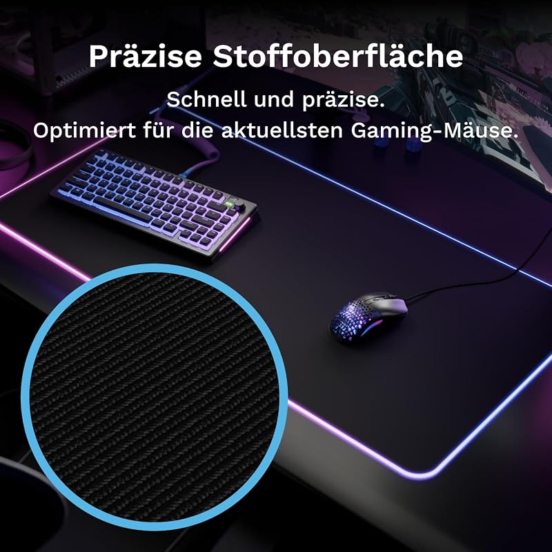 Gaming Musmatta GMP 2 GLED Large Extended – 2-Zones RGB-belysning, InfiniGlow sömlös Kant, Premium tygyta, Halkfri gummibas – 915 mm×280 mm×3 mm – extra stor skrivbordsmatta