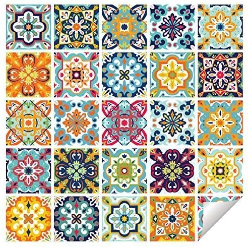 Wall Genie Tile Stickers DIY Decals Mediterranean Portuguese Moroccan Style - T7 (100mm x 100mm - x24 Pack)