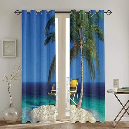 Cortinas, silla debajo de una palmera en una pequeña isla tropical