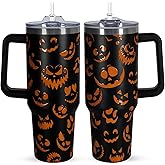 CHOKOMETRY 40 oz Halloween Tumbler With Handle Lid and Straw,5D Orange Pumpkin Ghost Face Print Tumblers,Halloween Stainless Steel Insulated Travel Mug Black Coffee Cup Gifts for Women Men Adults