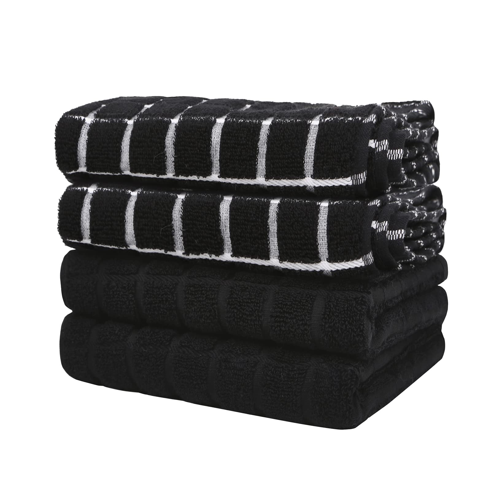 samsto Kitchen Towels Cotton Black - Tea Towels Absorbent - Thick Dish Hand Towels for Kitchen with Hanging Loops, 45x65cm, 4 Pack