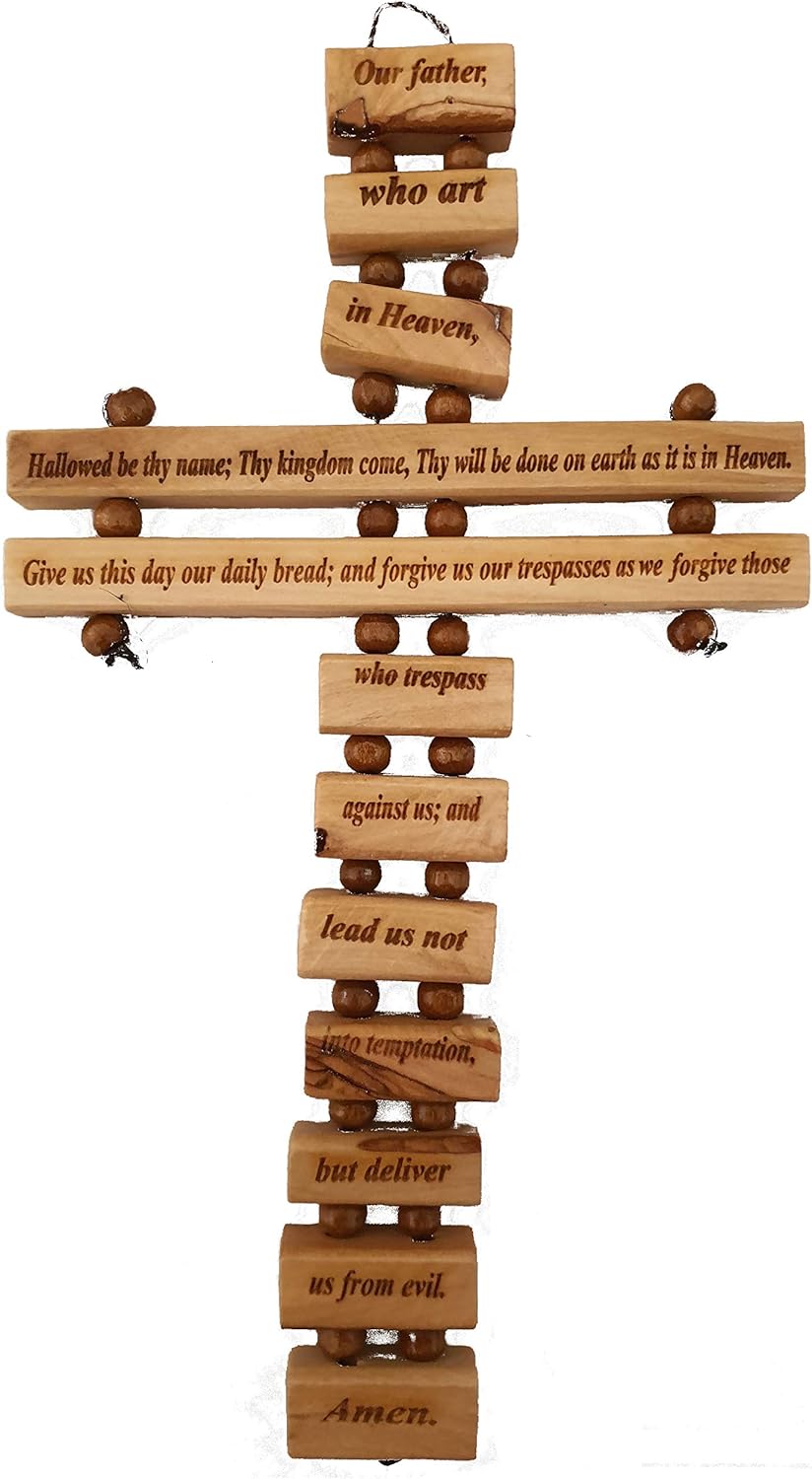Amazon Com Jerusalem Our Father Lord Prayer Olive Wood 9 Cross In English From Bethehem Home Kitchen