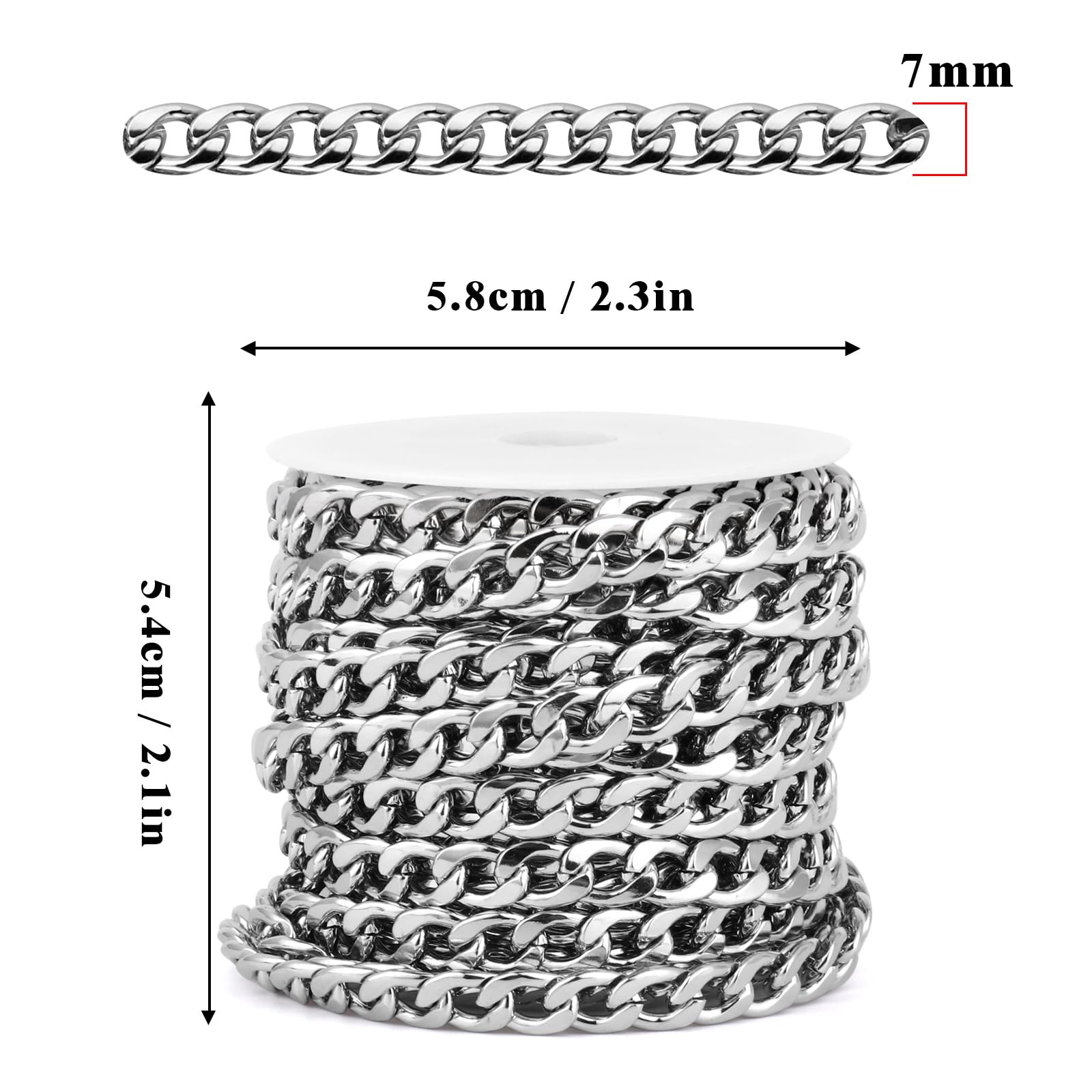 16.5 Ft Stainless Steel Curb Chains, 5mm 6mm 7mm 9mm Cuban Chain Roll Bulk for Jewelry Making