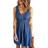 BLENCOT Women's Casual Sleeveless T-Shirt Dresses Summer V Neck Button Down Swing Short Dress