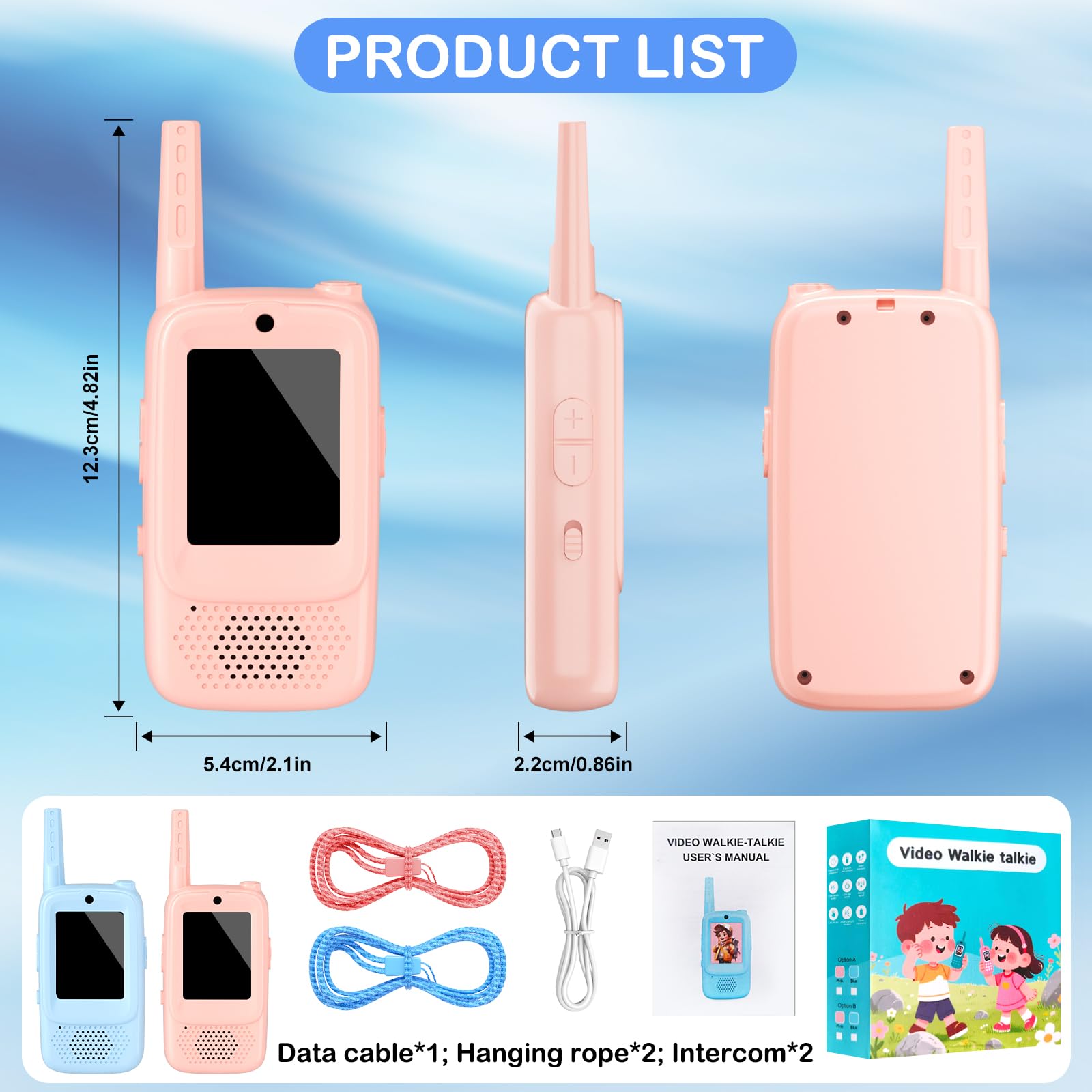 Video Walkie Talkies for Kids, Handheld 2 Pack Rechargeable Video Intercom Kids Walkies Talkies, Long Range with 3 Kinds of Voice Changer, Suitable as Gift Toys for Children Aged 3-12 (Blue/Pink)