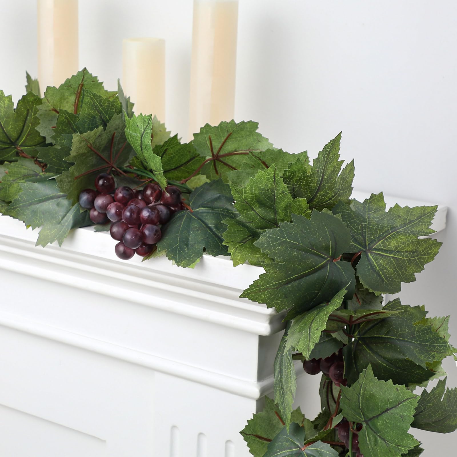 Photo 1 of Glitinsel Artificial Grape Leaf Garland Vine Plant for Decoration Fake Greenery Garlands Hanging Leaves with Grapes for Wine Italian Themed Party Decor Wedding Photo Stage Favors (13 ft,Dark Green)