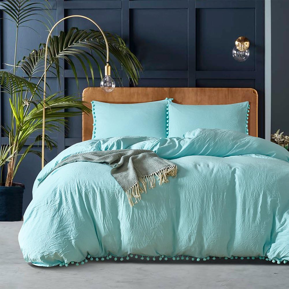Luxury Quality Stone Washed Microfiber Turquoise Duvet Cover Queen Size 3 Pcs Set (1 Duvet Cover, 2 Pillowcases) - Soft Comforter Cover Quilt Case - Solid Bedding