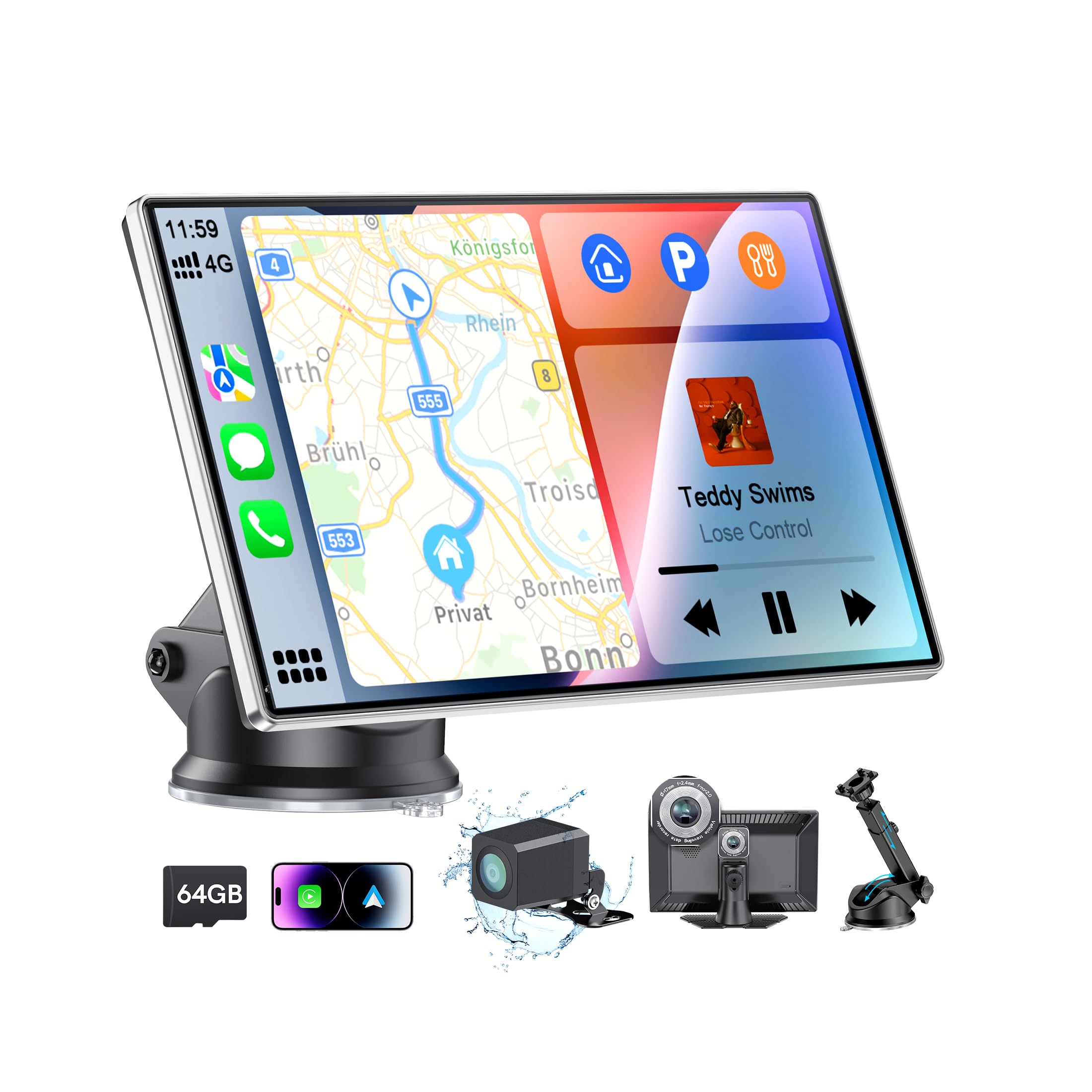 Photo 1 of 9" Portable CarPlay Screen for Car, CooCom UHD Car Stereo with Touch Screen with Apple CarPlay&Android Auto,4K Dash Cam,1080P Backup Camera,Mirror Link, Voice Control, Bluetooth 5.3,GPS,FM
