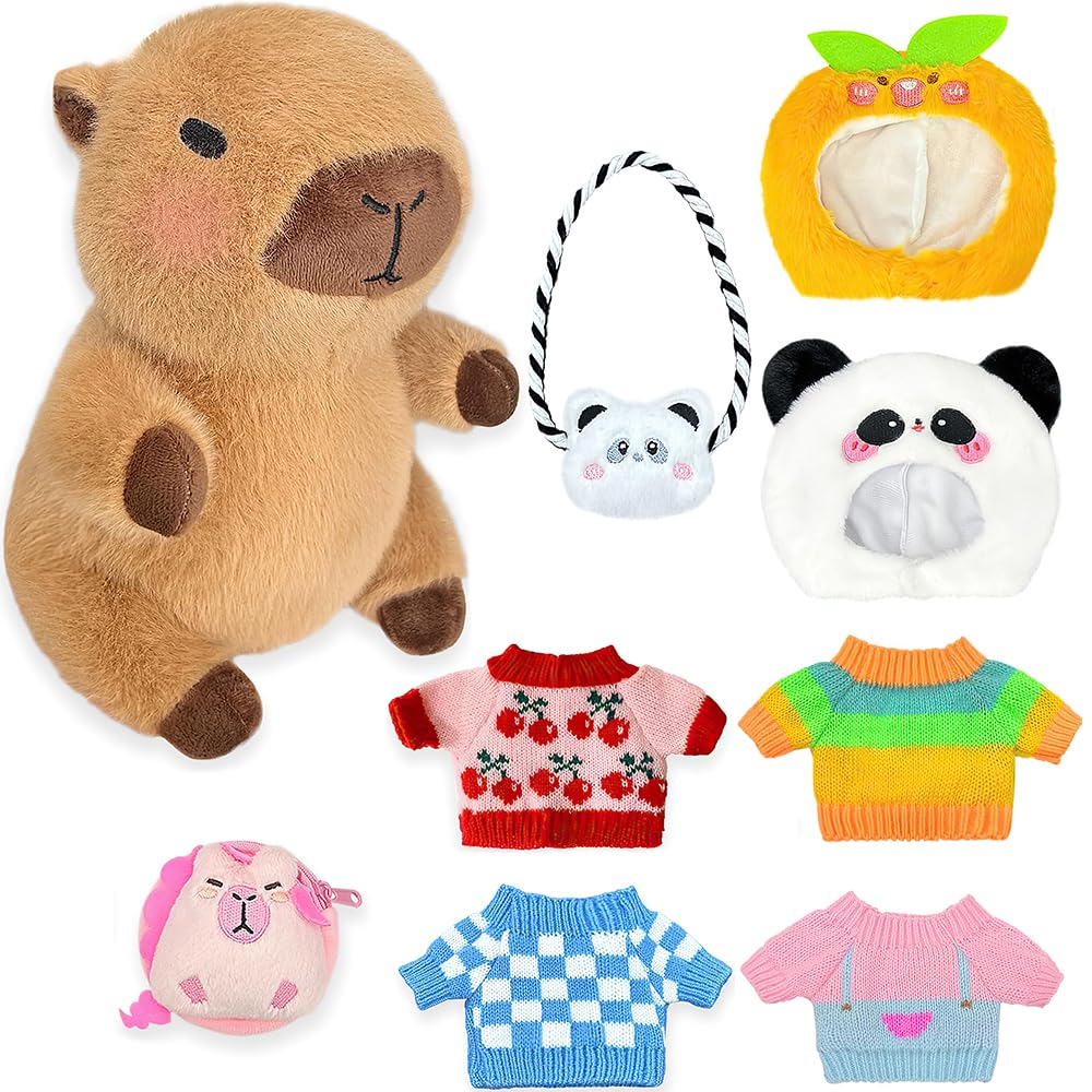 KBIBCK Capybara Plush with 9PCS Clothes&Accessories, 25cm Capybara Stuffed Animal, Cute CapybaraTeddy, Capybaras Plush Soft Toy, Dress Up Capybaras Stuffed Animal PlushToys Gift for Kids Boy Girl (B) — image 1