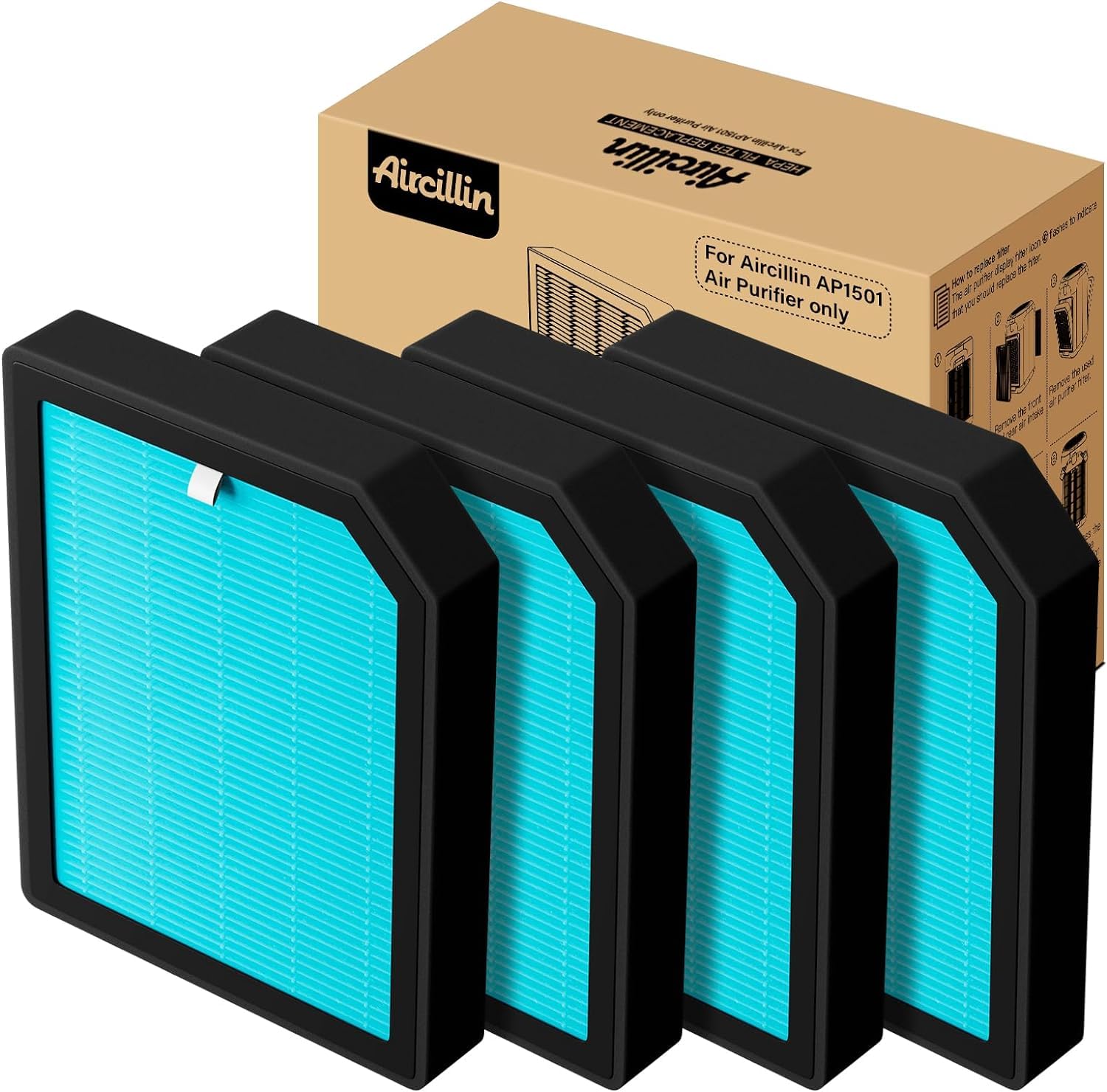 Aircillin 4-Pack H13 HEPA Filter Replacement, High-Efficiency Activated Carbon Filter, Suitable For The AP1501 Air Purifier, Removes Pollens, Dust, Pet Dander & Other Allergens