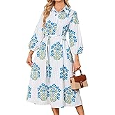 Womens Spring 2026 Casual Floral 3/4 Puff Sleeve Midi Shirt Dresses Button Down Belted Dress with Pockets