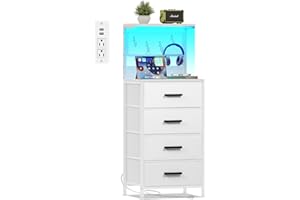 EKNKOZY Nightstand 4 Drawer Dresser with LED Lights, Charging Station, Mesh Shelf with Hooks, Vertical Side Table with Fabric Drawers, End Table, Tall Dresser for Bedroom, Hallway, Entryway, White