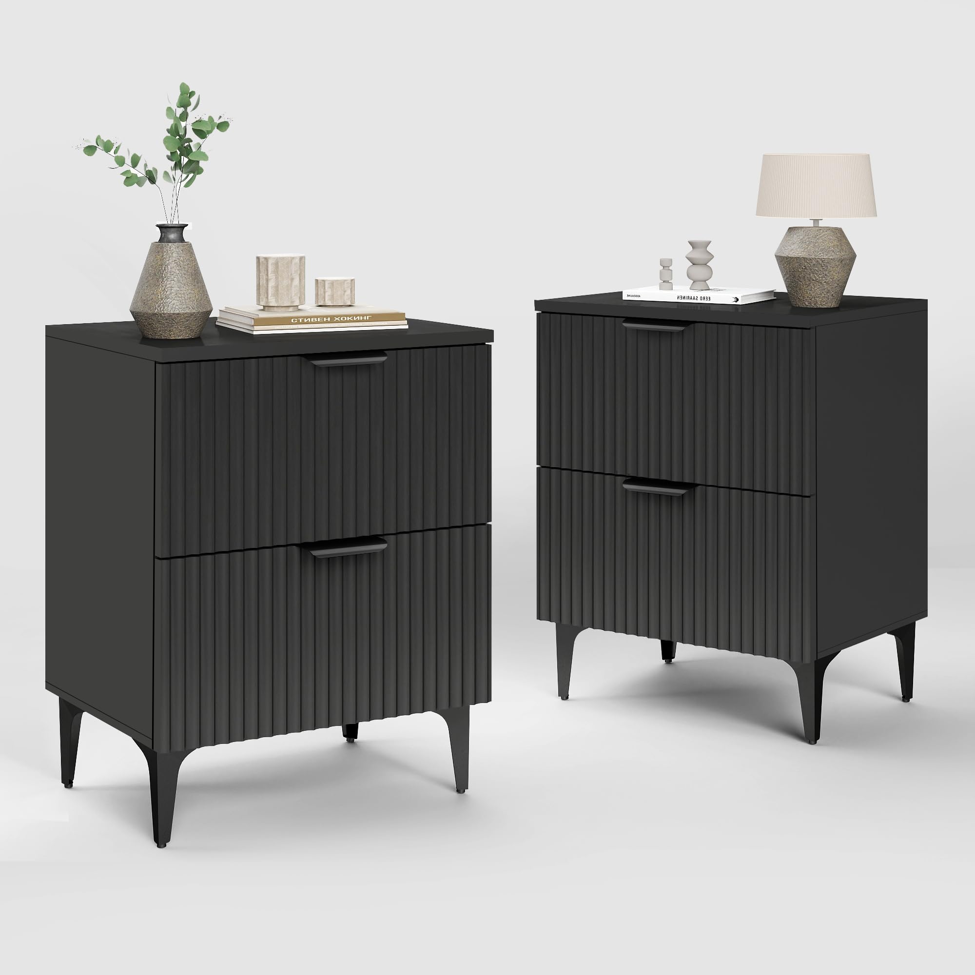 Photo 1 of *** PARTIAL SET *** SUNWAVE Black Fluted Nightstand Set of 2, Modern Night Stands with 2 Drawers, Bedside Table for Twin/Full/Queen Bed, End Table with Robot-Friendly Metal Legs for Bedroom, Living Room