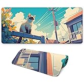 Anime Cute Cat with Sky Backgound Gaming Mouse Pad with Non-Slip Rubber Base, Large Kawaii Mousepad with Stitched Edges, Long Keyboard Mat for Laptop and Mouse, 31.5 x 11.8 inches