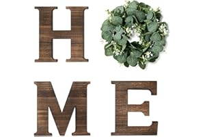 Yoleshy Wooden Home Sign with Artificial Eucalyptus Wreath for O, 9.8'' Home Letters With Wreath For Wall Hanging Decor, Rustic Wall Letters Decor For Living Room, Entry Way, Kitchen, Etc (Brown)