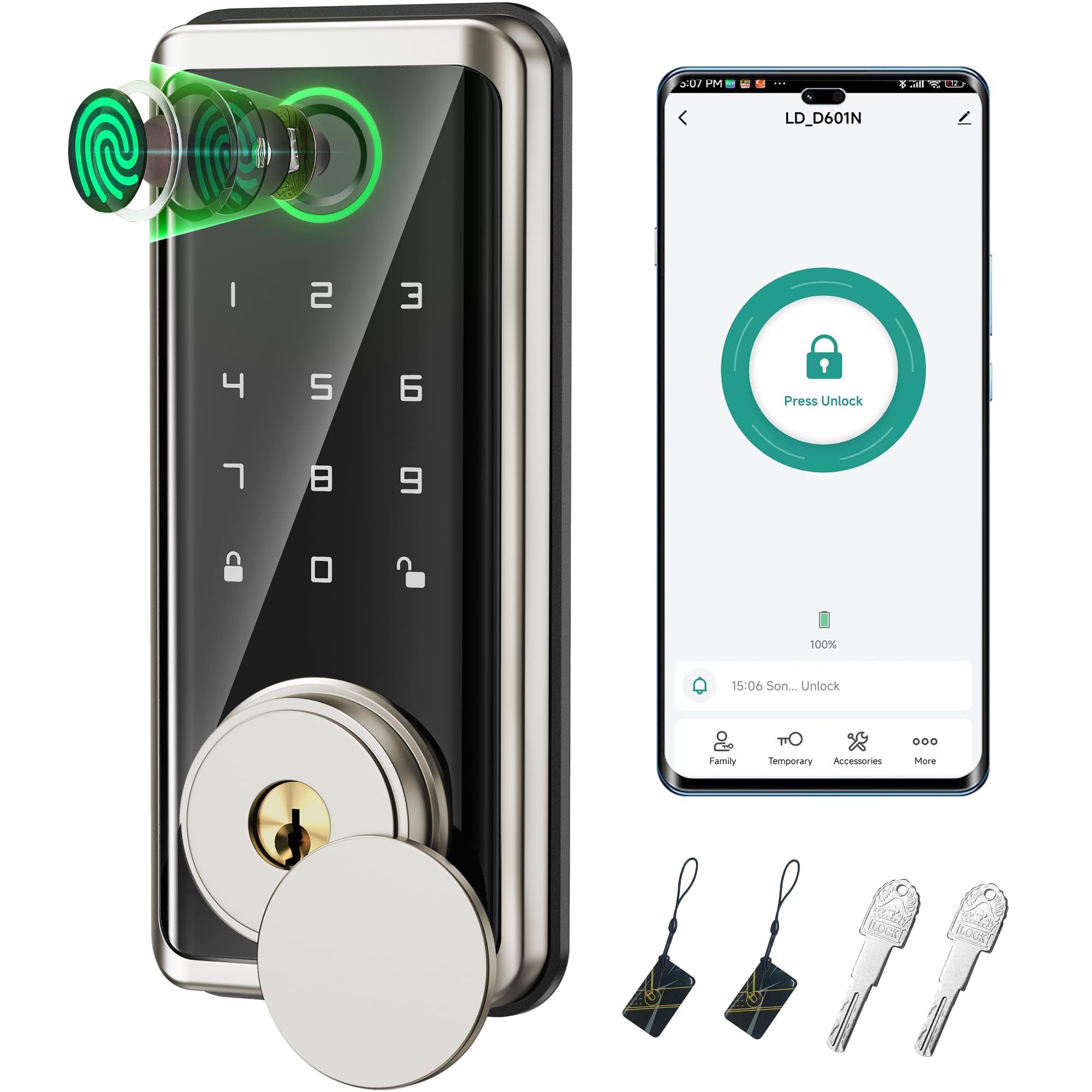 Photo 1 of Sophia Keyless Entry Door Lock, Smart Auto Locks for Front Door & Key Fobs & Remote Control, Keypad Deadbolt Digital, Fingerprint Door Lock with Code, Cerraduras Inteligentes, IP68, Satin Nickel