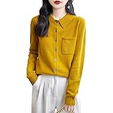 Chanyarn Women's Polo Neck 100% Merino Wool Sweater 2025 Spring Basic Long Sleeve Knitted Cardigan Sweater with Pocket