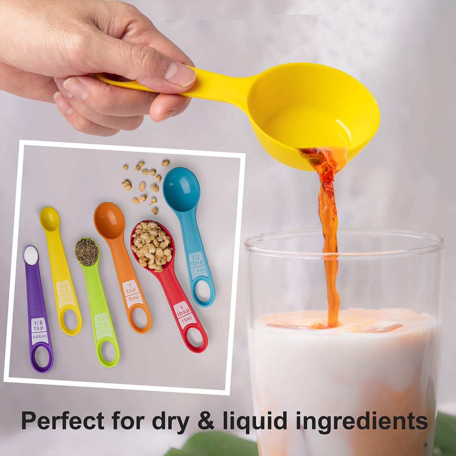 Measuring Cups and Spoons Set, 12 Piece Plastic Measuring Cups Measuring Spoons Stackable for Measuring Dry and Liquid Ingredients Great for Backing and Cooking (Random Color)