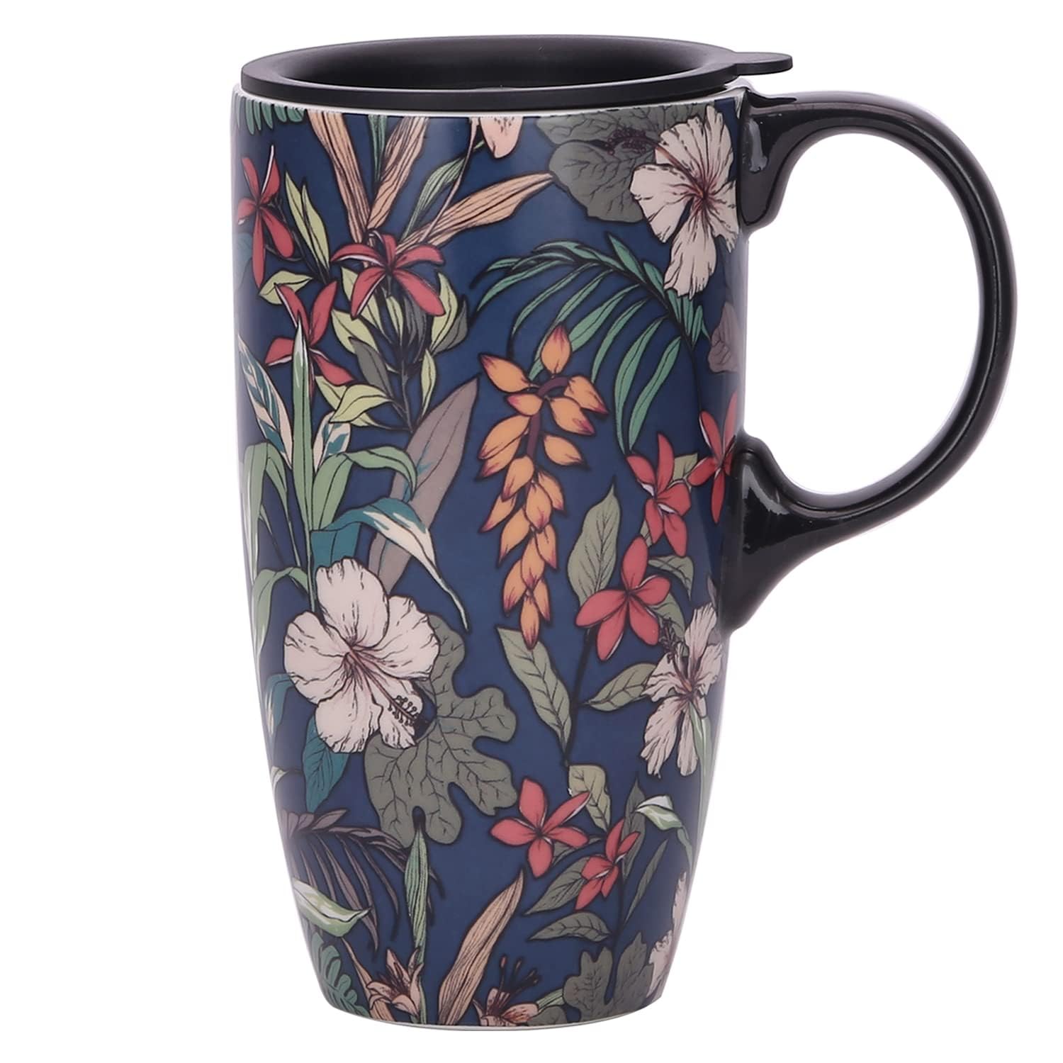DUSVALLY Ceramic Mug Large Coffee Cup Tall Mugs Porcelain Latte Tea Cup with Lid 17oz,Blue