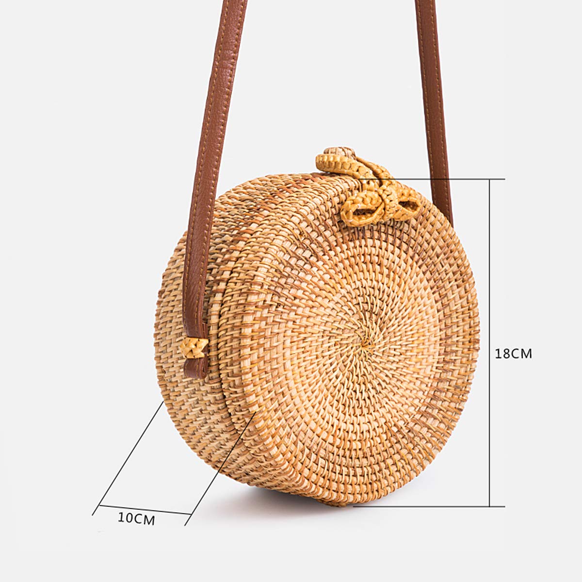 Lefur Rattan Bags for Women Round Handmade Straw Bag Purse Boho Circle Crossbody Handag with Shoulder Leather Strap