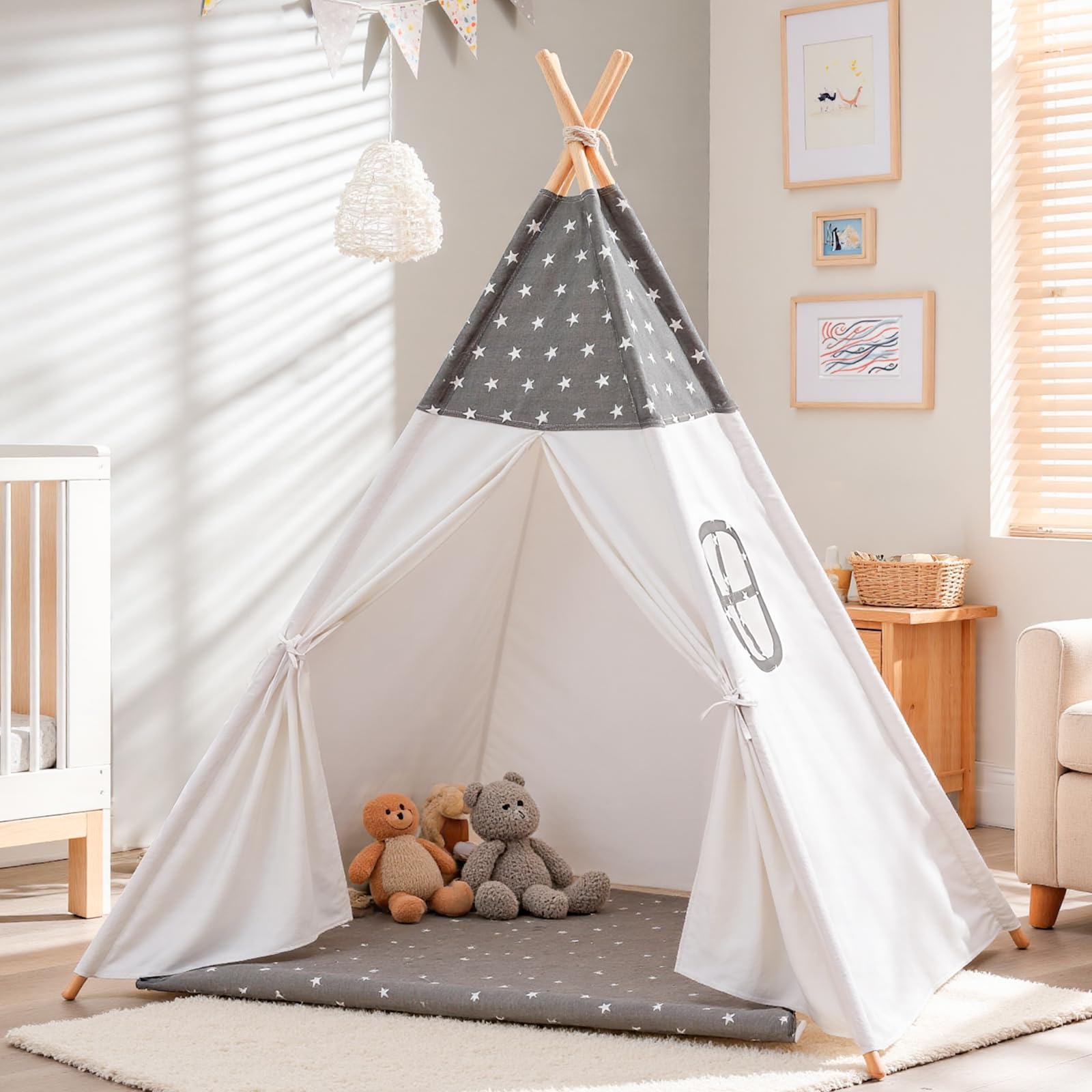 Sumbababy Kids Teepee Tents Indoor: Toddler Tipi Play Tents Cotton Large with Storage Bag Colourful Flags and Window Foldable Off-White Playhouse Toys House for Grils Boys Birthday Gift