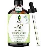 SVA Eucalyptus Essential Oil Organic – 4 Fl Oz – 100% Natural Organic Eucalyptus Oil - for Diffuser, Hair, Face, Skin Care, Aromatherapy, Scalp and Body Massage, Soap and Candle Making - with Dropper
