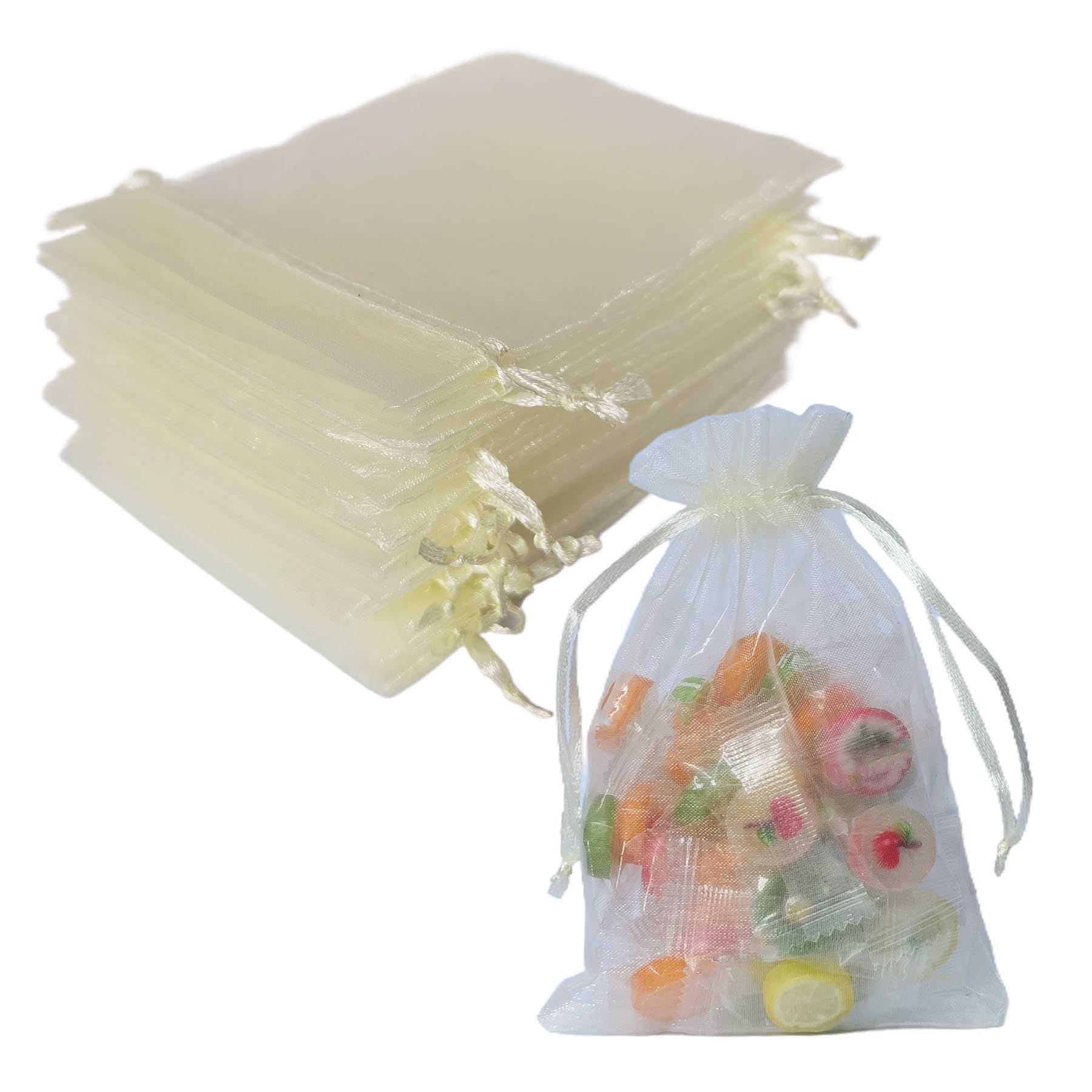 Photo 1 of 100 Pc Organza Drawstring Gift Bags 4x6 inch Ivory for Jewelry,Candy,Sheer Fabric Clear Mesh Wrap Tulle See Through Sachet for Baby Shower,Christmas,Party Favors,Bridal Shower,Birthday,Wedding,Holiday
