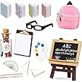 Chalyna Zomiboo 14 Pcs Mini Doll School Supplies Miniature Dollhouse Stuff Accessories for 11.5 Inch Doll DIY Toy Set Include Miniature Book Backpack Glasses Blackboard Pencil Ruler(Chic Style)