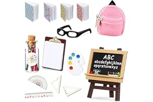 Chalyna 14 Pcs Mini Doll School Supplies Christmas Miniature Dollhouse Stuff Accessories for 11.5 Inch Doll DIY Toy Set Include Miniature Book Backpack Glasses Blackboard Pencil Ruler(Chic Style)
