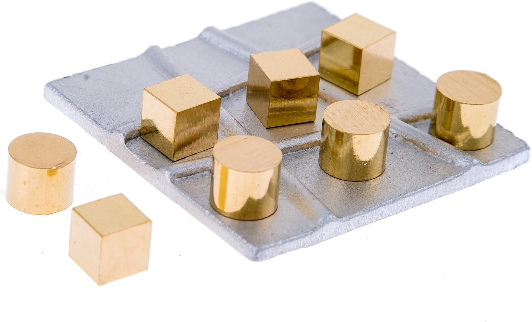 Modern Solid (Aluminum & Brass) Metal Handmade, Decorative Tic Tac Toe Board Game, Cubes & Cylinders Design, Silver & Gold Color, 7.5x7.5cm (2.9''x2.9'')