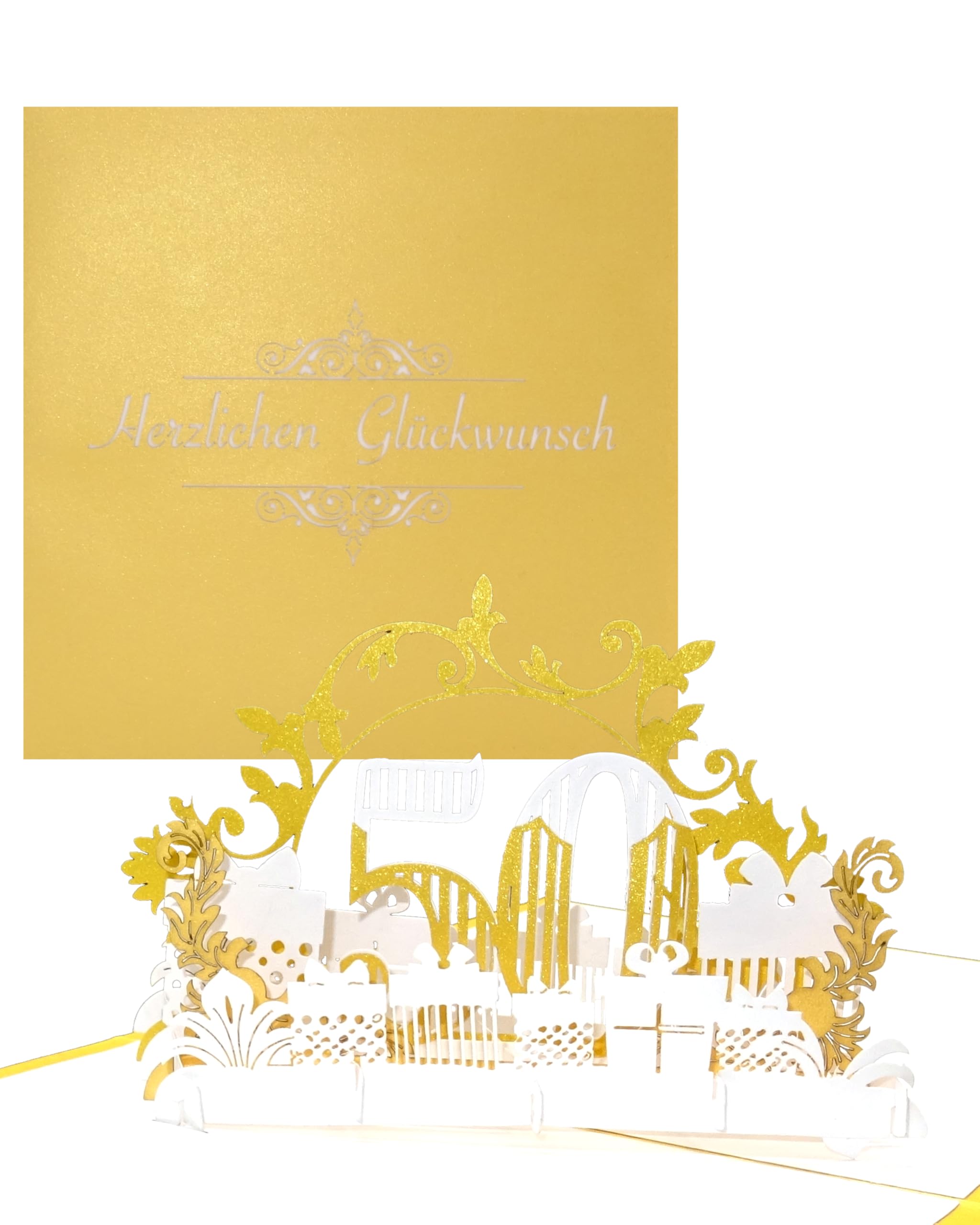 Pop Up Card 50" in Elegant Gold & White - for 50th Birthday & Gold Wedding Anniversary - 3D Birthday Card & Congratulations Card - as Decoration, Gift Voucher for Anniversary