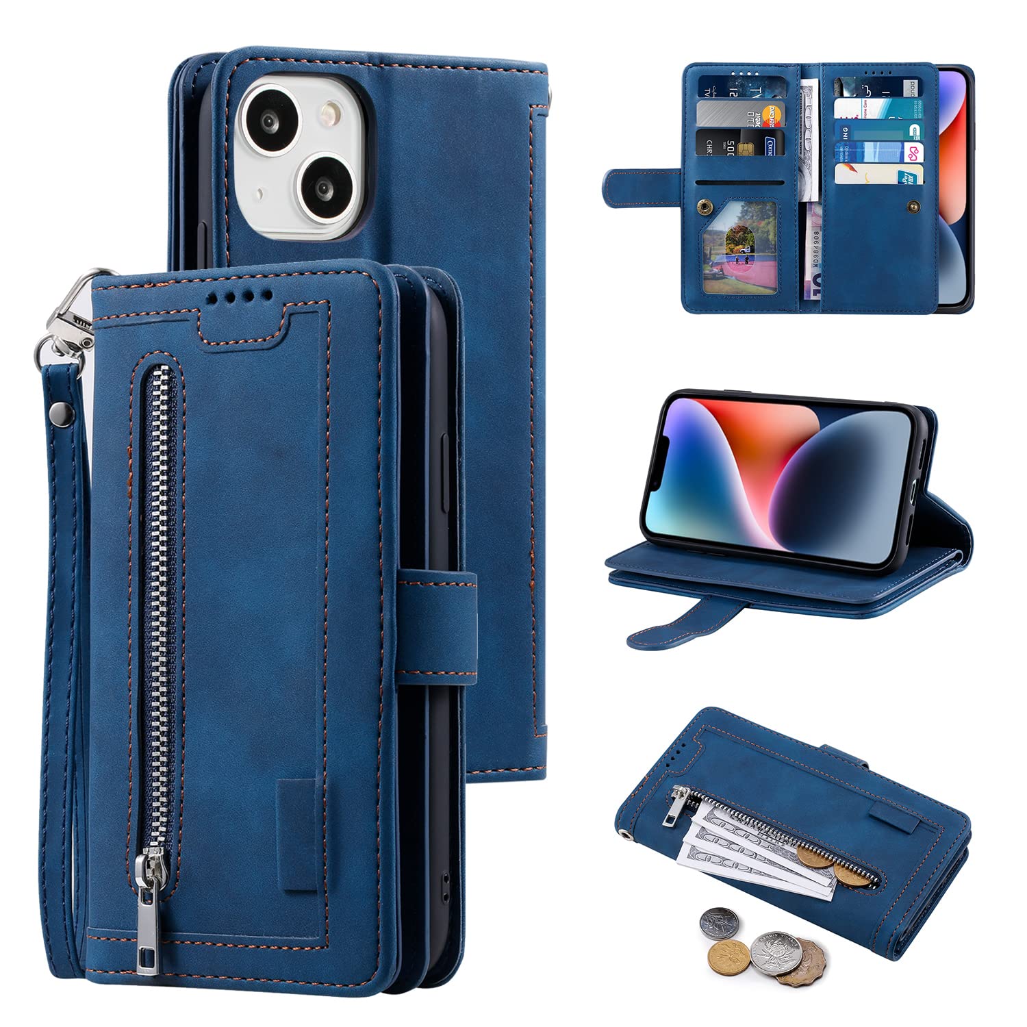 UEEBAI Wallet Case for iPhone 13 6.1 inch, Retro 9 Card Holder Slots Zipper Pocket Handbag Case PU Leather Magnetic Closure Kickstand with Wrist Strap TPU Shockproof folio Case - Blue