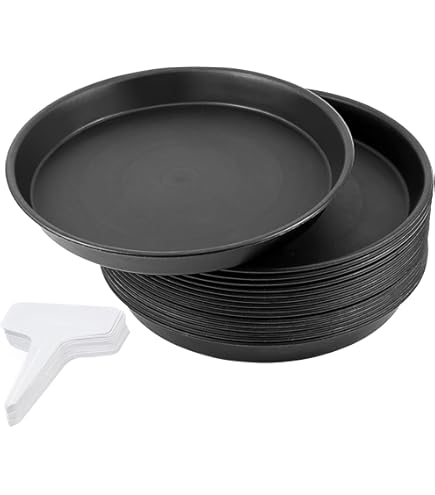 15 Pack 10 Inch Plant Saucers – Thick Black Plastic Drip Trays With Labels For Indoor/Outdoor Pots