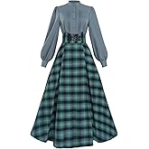 NSPSTT Vintage Dress for Women Medieval Renaissance Costume High WaistTartan Skirt Edwardian Blouse