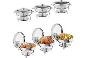 6 Pack Chafing Dishes for Buffet with Lid,5QT Round Chafing Dishes Buffet Set w/Lid Holder with Spoon and Tweezers for Partie
