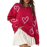 Saodimallsu Womens Oversized Heart Sweater Crew Neck Long Sleeve Knit Cute Valentines Pullover Sweaters