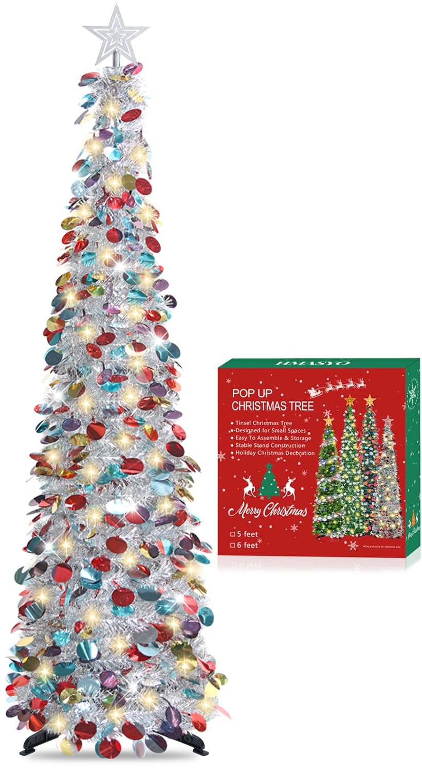 Photo 1 of HMASYO 5 FT Pop Up Christmas Tree with Timer Lights, Sliver Christmas Tinsel Tree, Collapsible Artificial Pencil Christmas Tree for Indoor Home Apartment Porch Holiday Party Decorations