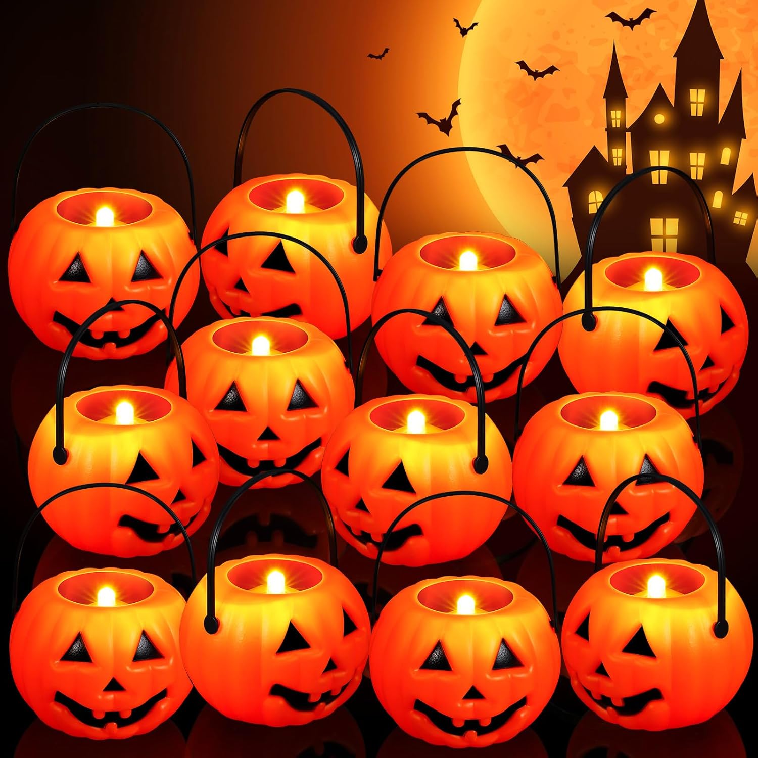 Holiday Décor Storage - Jenaai 12 Pcs Halloween Mini Pumpkin Bucket Trick or Treat Pumpkin Candy Bucket Small Pumpkin Candy Buckets with 12 LED Lights and 12 Hook Clip Set Halloween Party Supplies Decorative Hanging Pumpkin