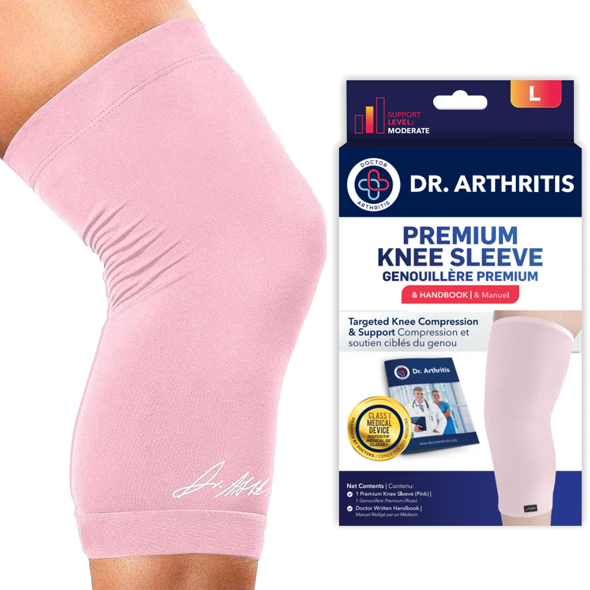 Dr.Arthritis Doctor Developed knee brace & Doctor Handbook/knee support/compression sleeve-relief for joint disease (osteo/rheumatoid), tendonitis, running & weightlifting (pink, l)