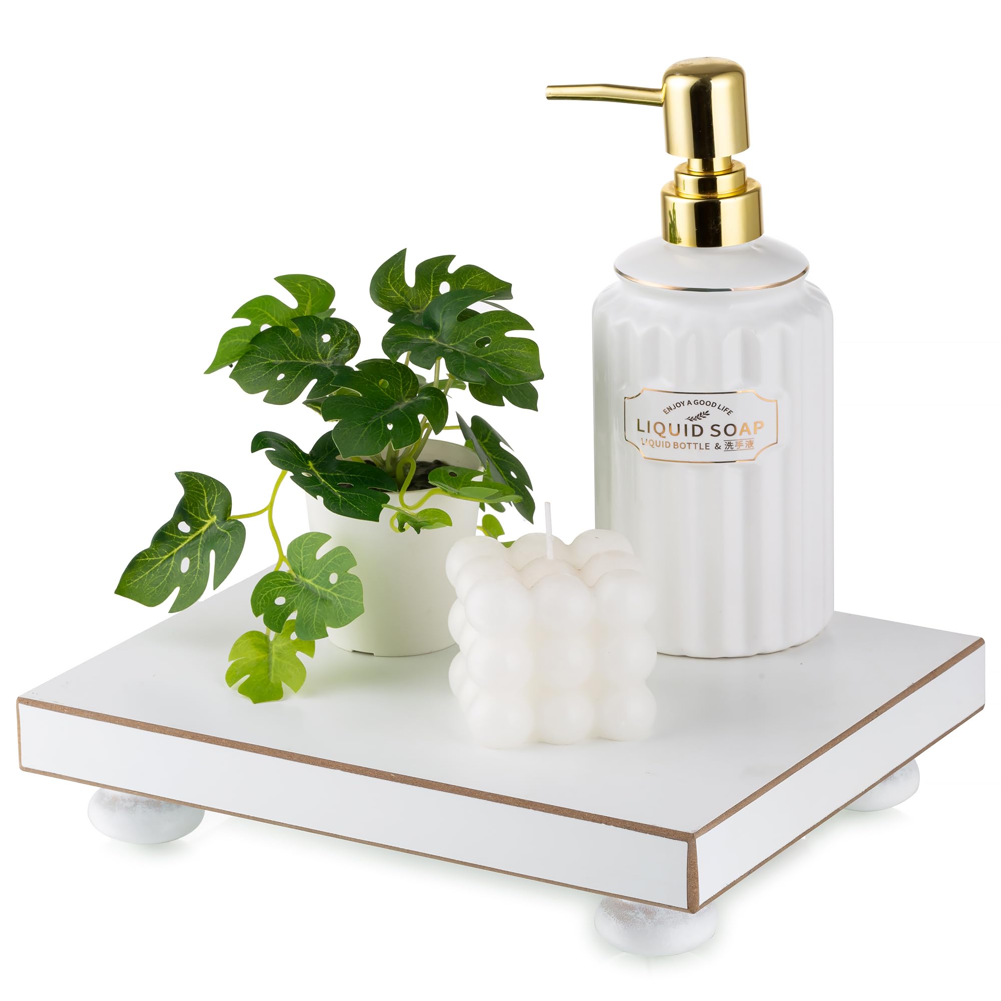Photo 1 of Hanobe Bathroom Pedestal Stand Risers: White Decorative Display Tray Modern Large Wood Riser Decor for Coffee Table Kitchen Countertop Organizer Rectangle 9.6" x 7.8"
