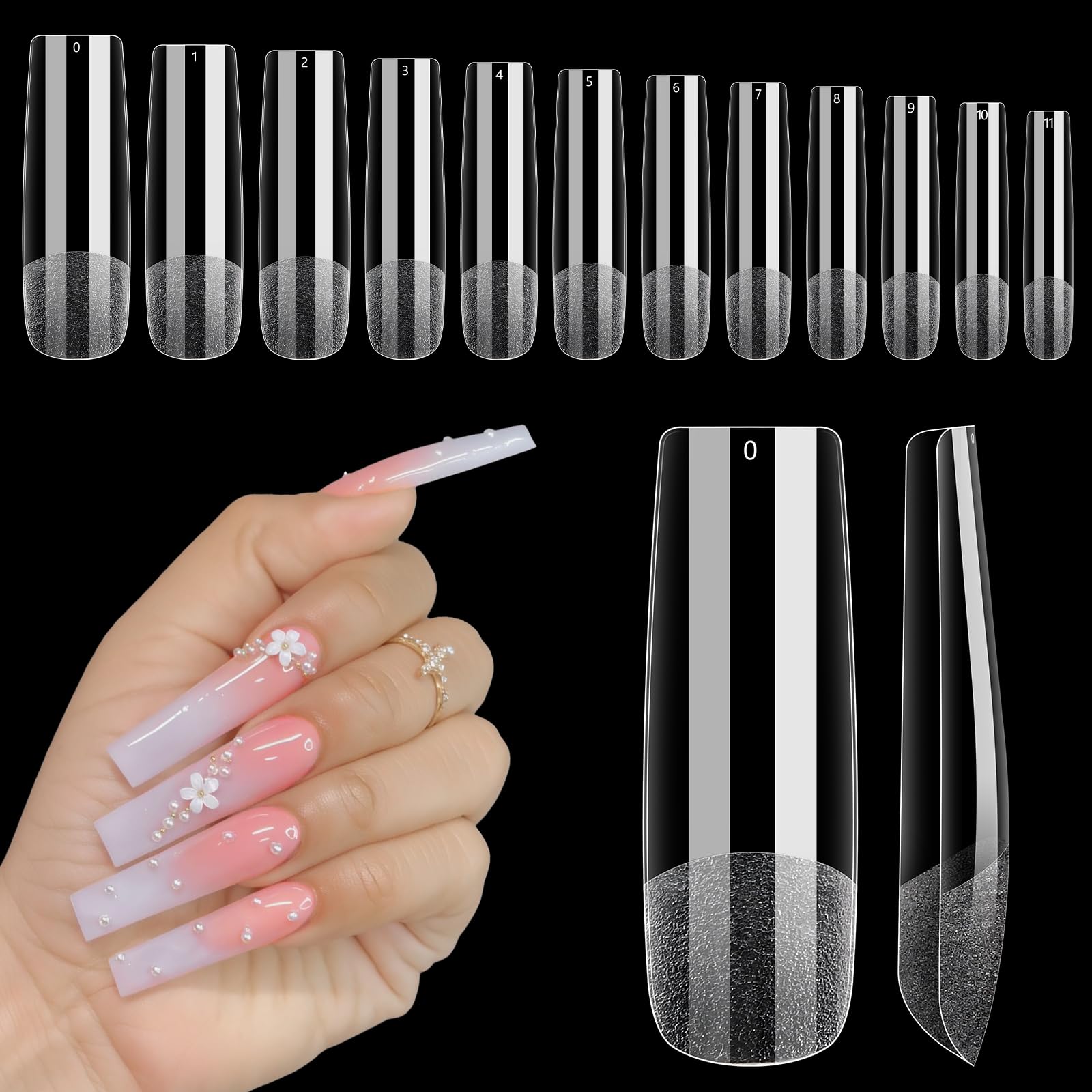 Adonafy Gel Acrylic Nail Tips: 240 Pcs Full Cover Nails - False Straight Nail Tips for Gel Extensions for Nail Art - 12 Sizes