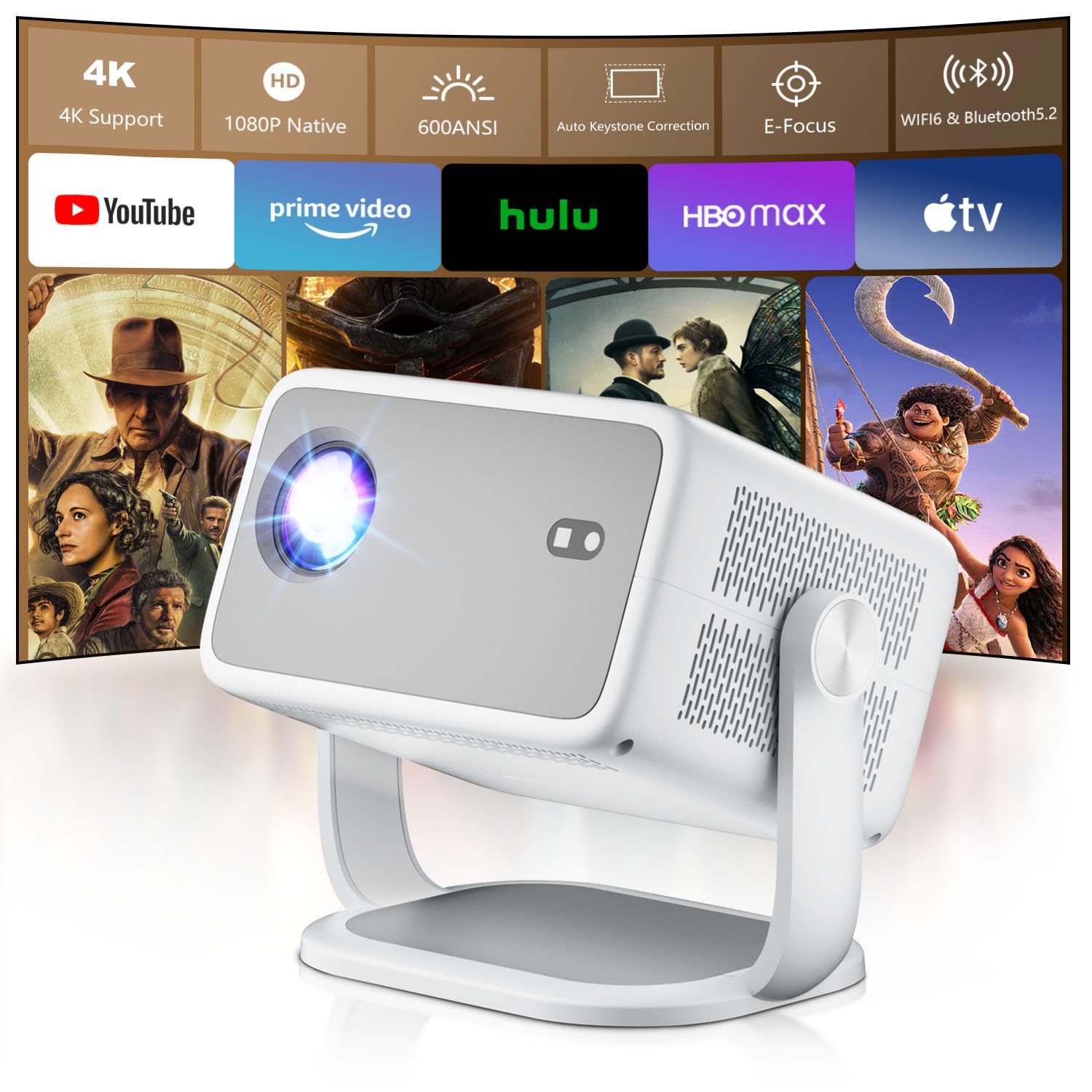 Photo 1 of Smart Projector with Built in Apps - 2025 Outdoor Projector 4k, Native 1080P Projector with Wifi Bluetooth, 600 ANSI Proyector, Electric Focus & Auto Keystone, Compatible w Android/Phone/TV Stick